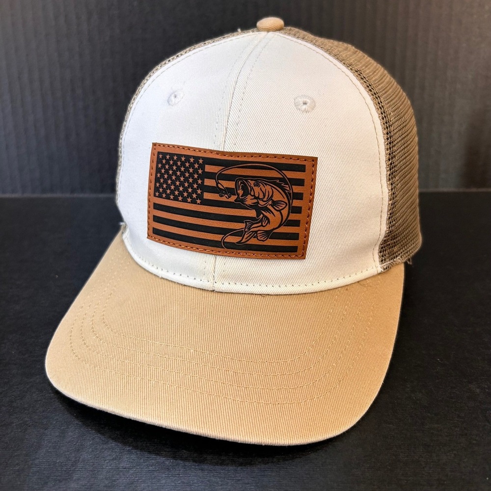 USA Flag Bass Fishing Mens Tan White Unbranded Trucker Hat Snapback OSFM